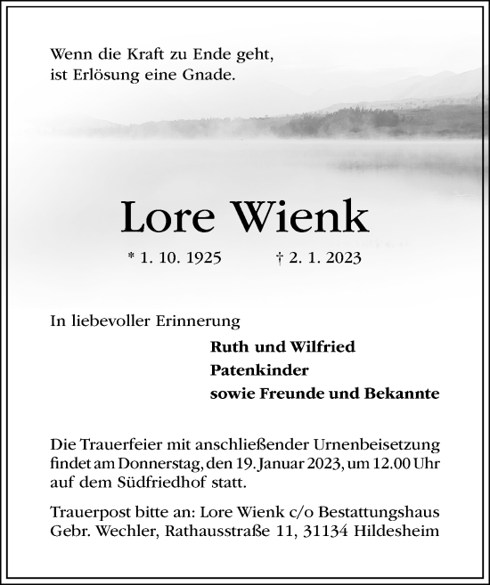 Traueranzeige von Lore Wienk von Hildesheimer Allgemeine Zeitung