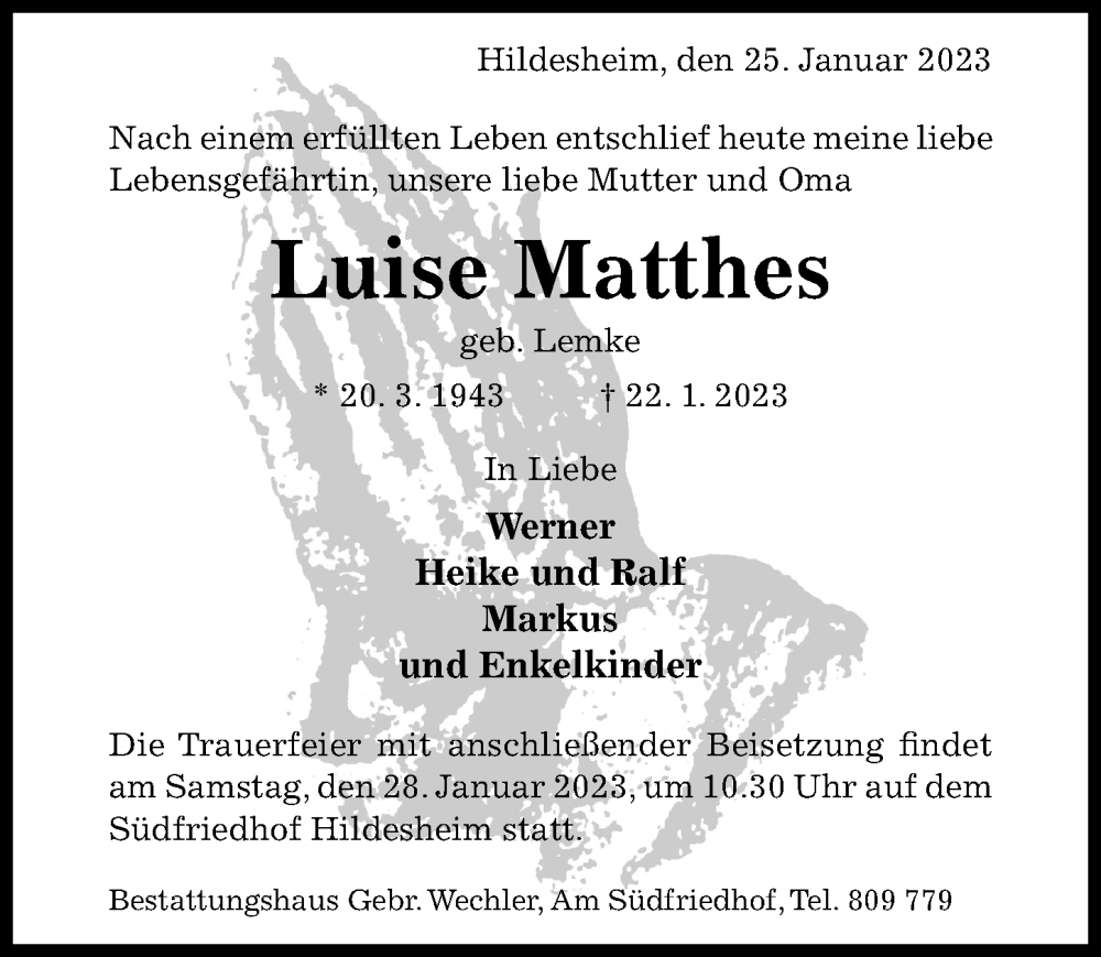  Traueranzeige für Luise Matthes vom 25.01.2023 aus Hildesheimer Allgemeine Zeitung