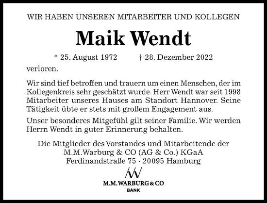 Traueranzeige von Maik Wendt von Hildesheimer Allgemeine Zeitung