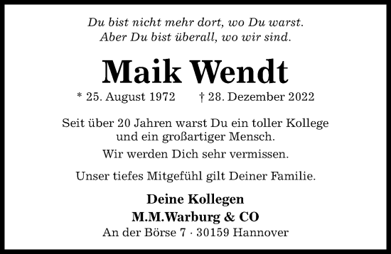 Traueranzeige von Maik Wendt von Hildesheimer Allgemeine Zeitung