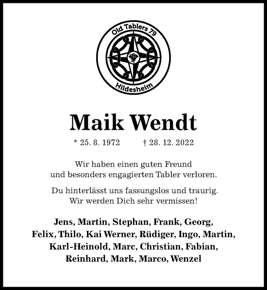 Traueranzeige von Maik Wendt von Hildesheimer Allgemeine Zeitung