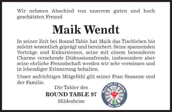 Traueranzeige von Maik Wendt von Hildesheimer Allgemeine Zeitung