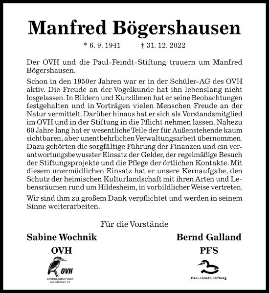 Traueranzeige von Manfred Bögershausen von Hildesheimer Allgemeine Zeitung