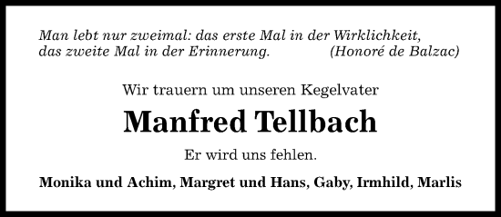 Traueranzeige von Manfred Tellbach von Hildesheimer Allgemeine Zeitung