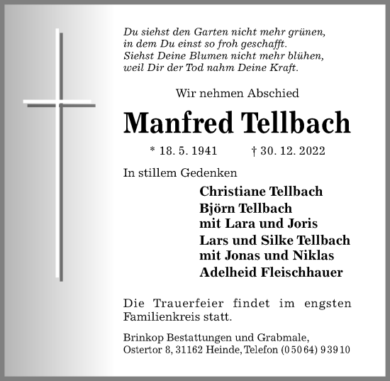 Traueranzeige von Manfred Tellbach von Hildesheimer Allgemeine Zeitung