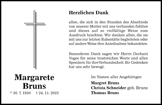 Traueranzeige von Margarete Bruns von Hildesheimer Allgemeine Zeitung