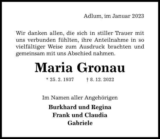 Traueranzeige von Maria Gronau von Hildesheimer Allgemeine Zeitung