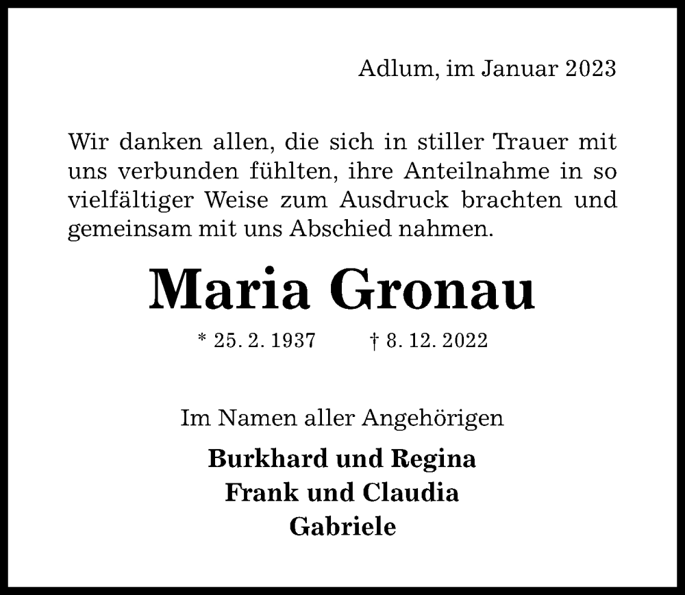  Traueranzeige für Maria Gronau vom 25.01.2023 aus Hildesheimer Allgemeine Zeitung