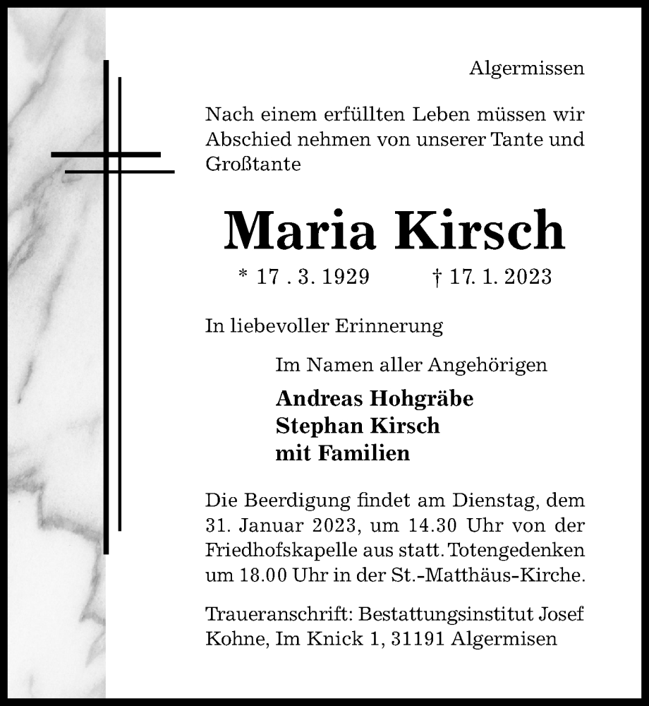  Traueranzeige für Maria Kirsch vom 21.01.2023 aus Hildesheimer Allgemeine Zeitung