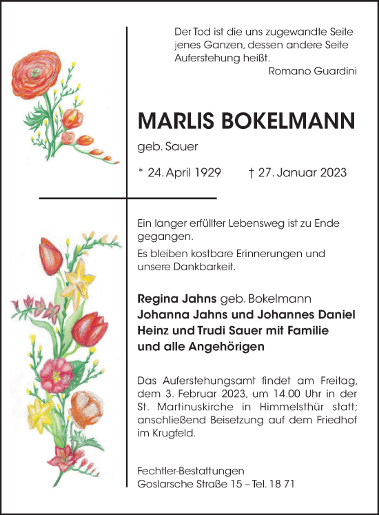 Traueranzeige von Marlies Bokelmann von Hildesheimer Allgemeine Zeitung