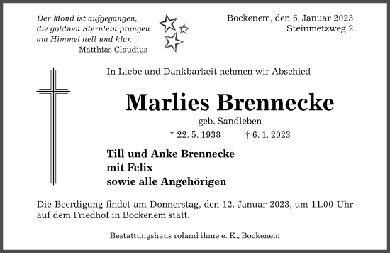 Traueranzeige von Marlies Brennecke von Hildesheimer Allgemeine Zeitung