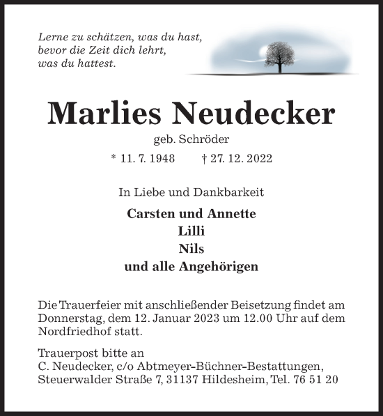 Traueranzeige von Marlies Neudecker von Hildesheimer Allgemeine Zeitung