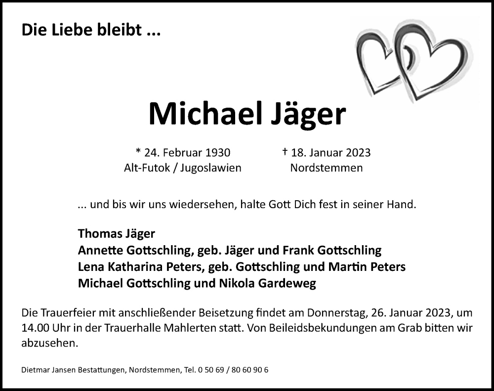  Traueranzeige für Michael Jäger vom 21.01.2023 aus Hildesheimer Allgemeine Zeitung
