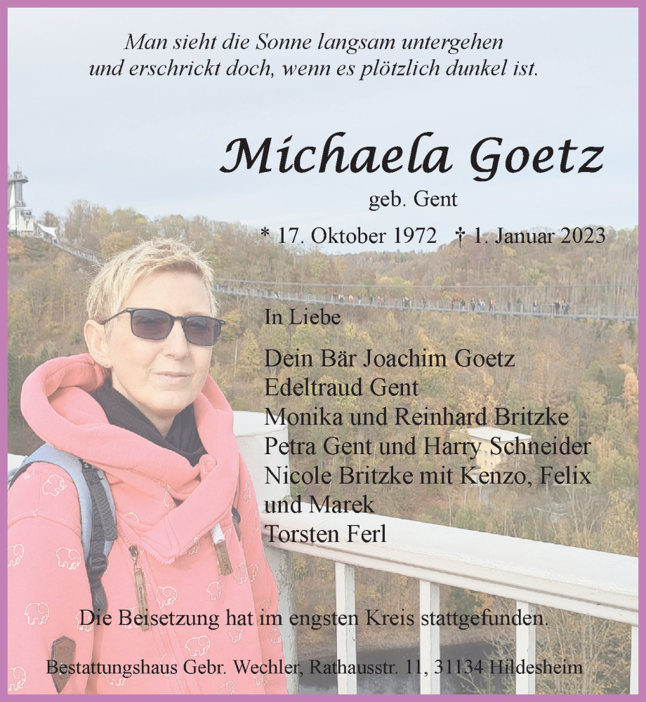  Traueranzeige für Michaela Goetz vom 28.01.2023 aus Hildesheimer Allgemeine Zeitung