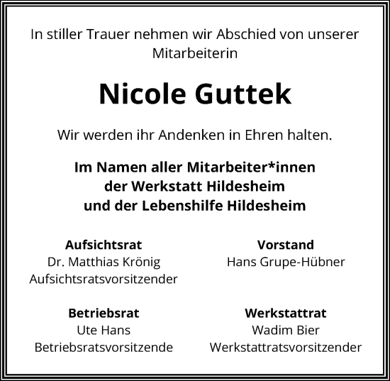 Traueranzeige von Nicole Guttek von Hildesheimer Allgemeine Zeitung