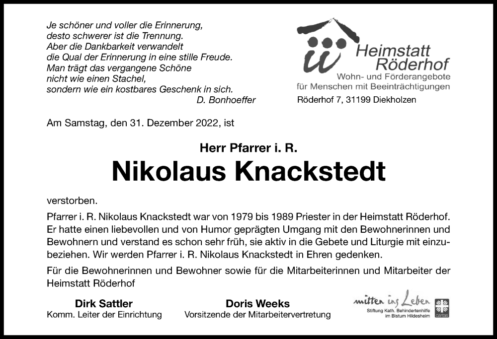  Traueranzeige für Nikolaus Knackstedt vom 21.01.2023 aus Hildesheimer Allgemeine Zeitung