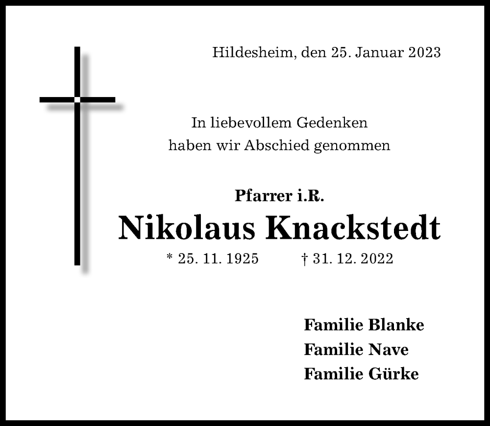  Traueranzeige für Nikolaus Knackstedt vom 25.01.2023 aus Hildesheimer Allgemeine Zeitung