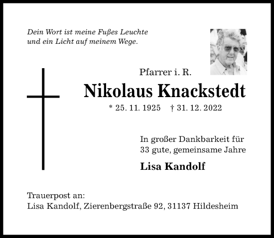 Traueranzeige von Nikolaus Knackstedt von Hildesheimer Allgemeine Zeitung