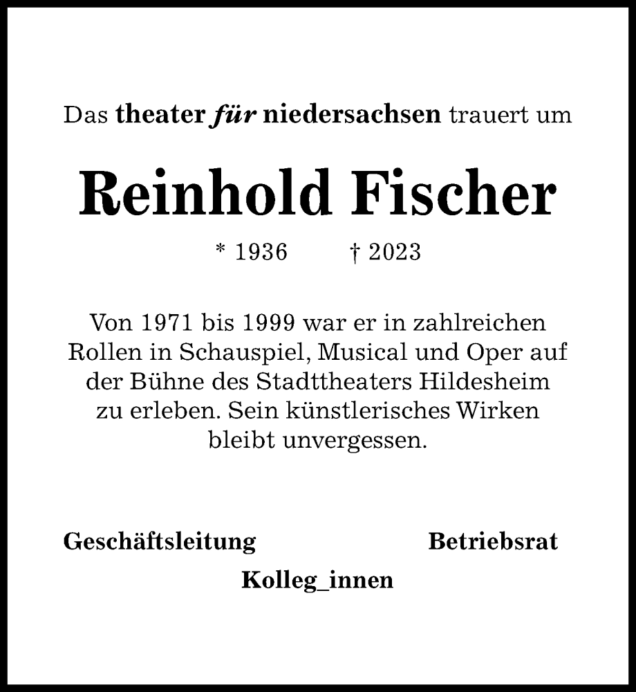  Traueranzeige für Reinhold Fischer vom 28.01.2023 aus Hildesheimer Allgemeine Zeitung