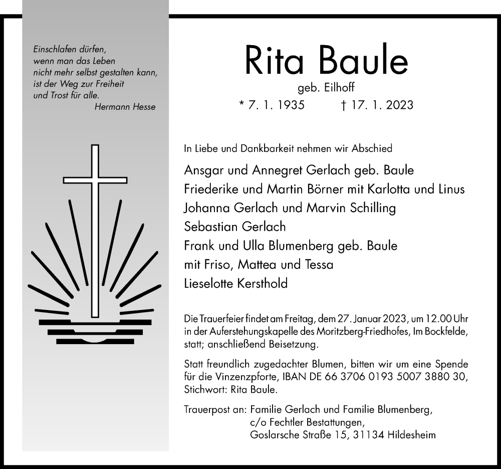  Traueranzeige für Rita Baule vom 24.01.2023 aus Hildesheimer Allgemeine Zeitung