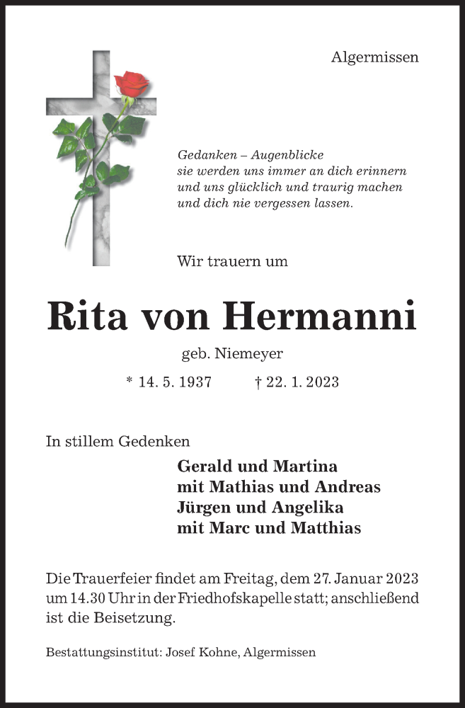  Traueranzeige für Rita von Hermanni vom 25.01.2023 aus Hildesheimer Allgemeine Zeitung