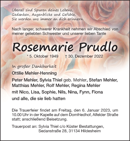 Traueranzeige von Rosemarie Prudlo von Hildesheimer Allgemeine Zeitung