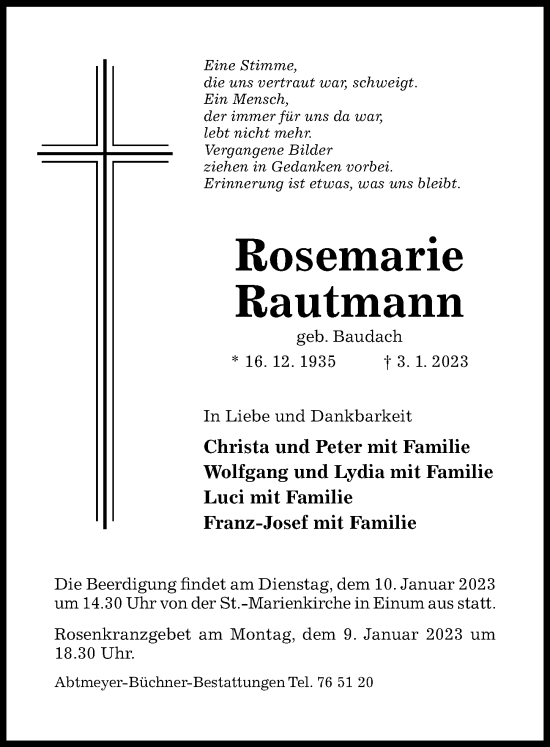 Traueranzeige von Rosemarie Rautmann von Hildesheimer Allgemeine Zeitung