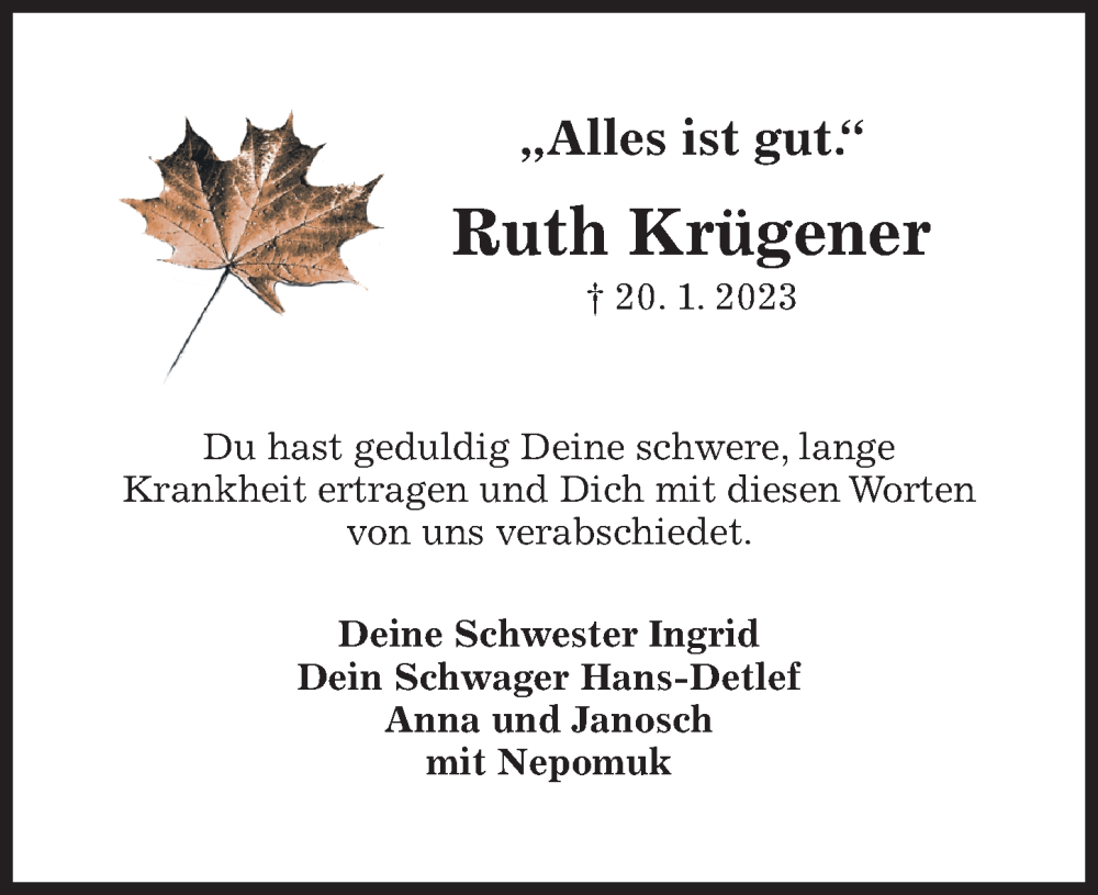 Traueranzeige für Ruth Krügener vom 25.01.2023 aus Hildesheimer Allgemeine Zeitung
