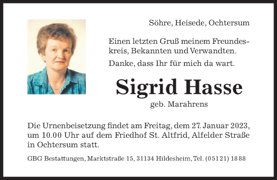 Traueranzeige von Sigrid Hasse von Hildesheimer Allgemeine Zeitung