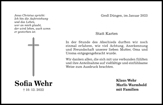 Traueranzeige von Sofia Wehr von Hildesheimer Allgemeine Zeitung