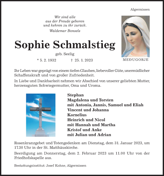 Traueranzeige von Sophie Schmalstieg von Hildesheimer Allgemeine Zeitung