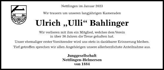 Traueranzeige von Ulrich Bahlinger von Hildesheimer Allgemeine Zeitung