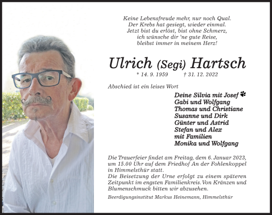 Traueranzeige von Ulrich Hartsch von Hildesheimer Allgemeine Zeitung