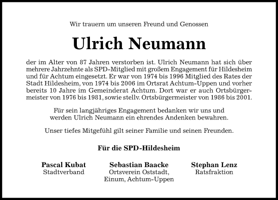 Traueranzeige von Ulrich Neumann von Hildesheimer Allgemeine Zeitung