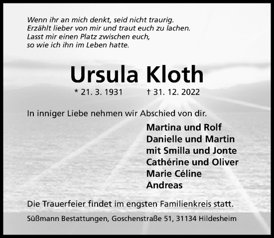 Traueranzeige von Ursula Kloth von Hildesheimer Allgemeine Zeitung