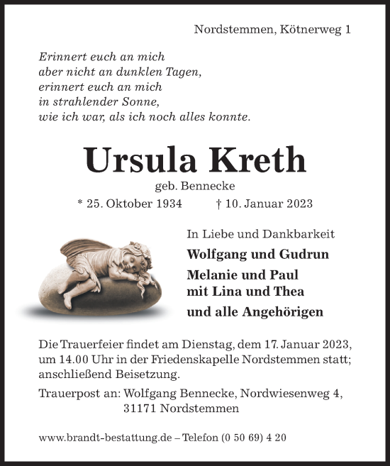 Traueranzeige von Ursula Kreth von Hildesheimer Allgemeine Zeitung