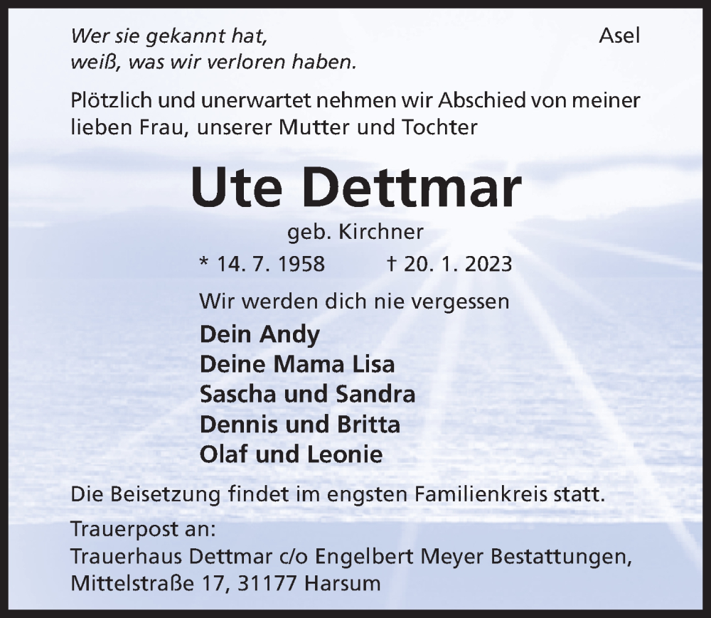  Traueranzeige für Ute Dettmar vom 26.01.2023 aus Hildesheimer Allgemeine Zeitung