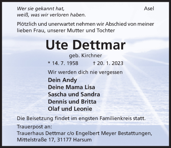 Traueranzeige von Ute Dettmar von Hildesheimer Allgemeine Zeitung