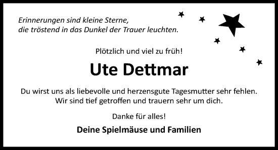 Traueranzeige von Ute Dettmar von Hildesheimer Allgemeine Zeitung