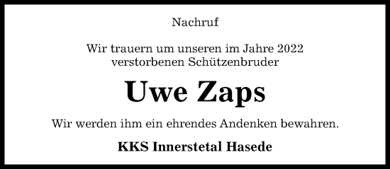Traueranzeige von Uwe Zaps von Hildesheimer Allgemeine Zeitung