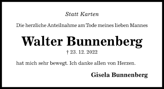 Traueranzeige von Walter Bunnenberg von Hildesheimer Allgemeine Zeitung