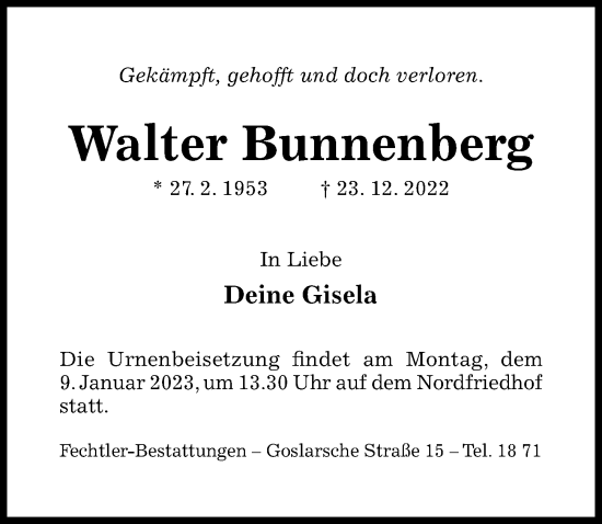 Traueranzeige von Walter Bunnenberg von Hildesheimer Allgemeine Zeitung