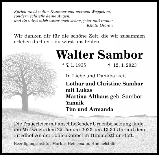 Traueranzeige von Walter Sambor von Hildesheimer Allgemeine Zeitung