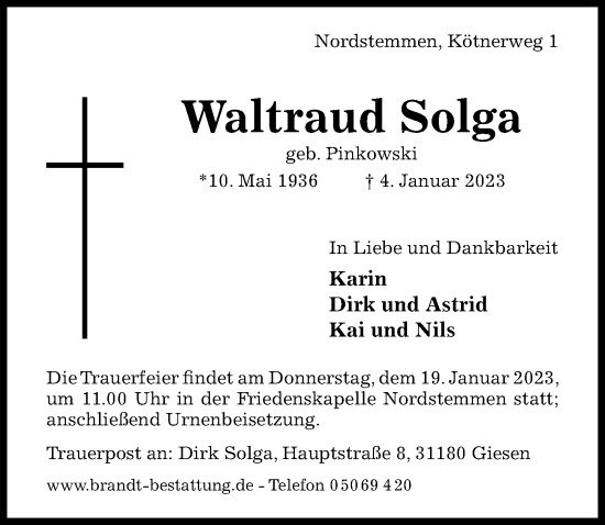 Traueranzeige von Waltraud Solga von Hildesheimer Allgemeine Zeitung