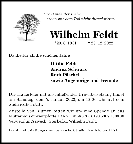 Traueranzeige von Wilhelm Feldt von Hildesheimer Allgemeine Zeitung