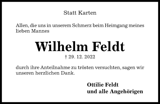 Traueranzeige von Wilhelm Feldt von Hildesheimer Allgemeine Zeitung