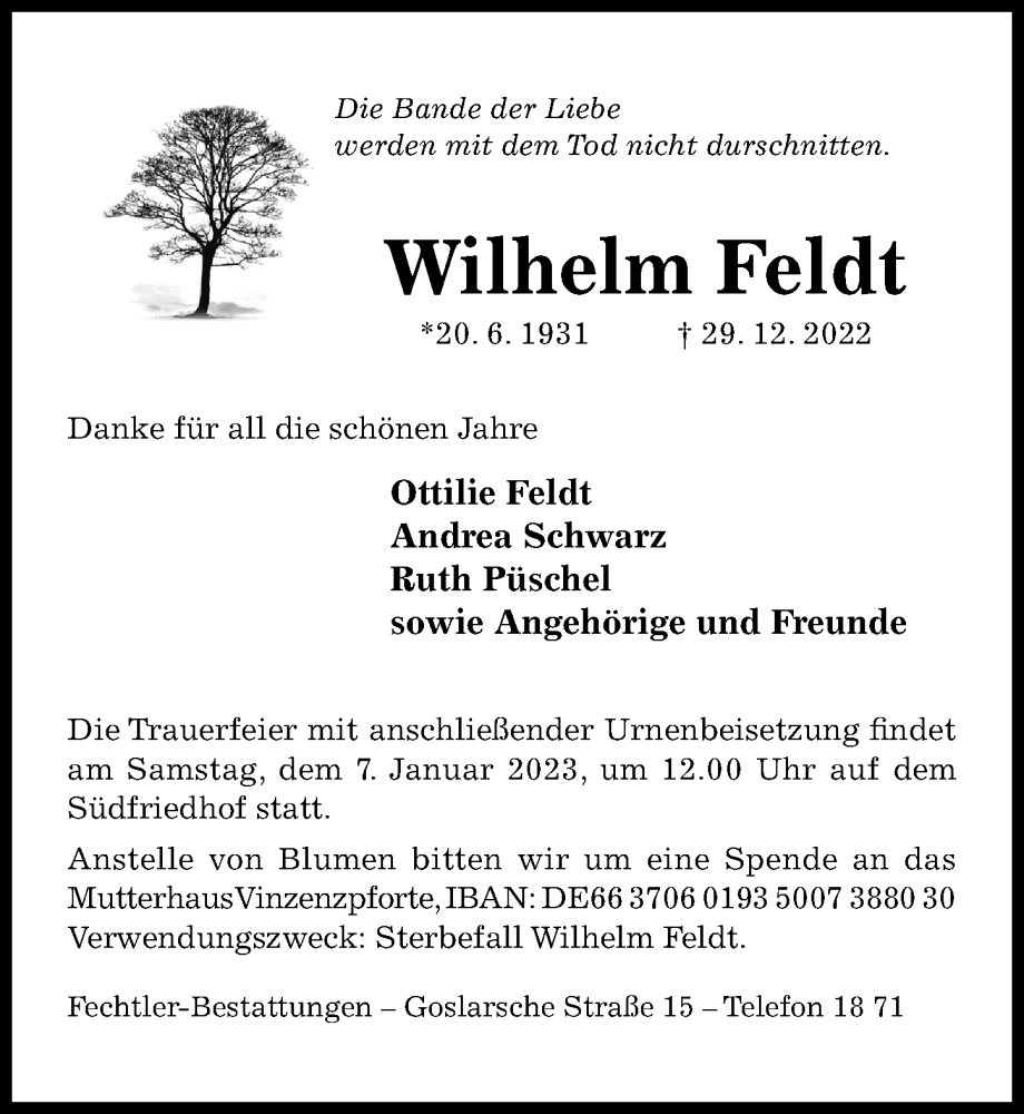  Traueranzeige für Wilhelm Feldt vom 04.01.2023 aus Hildesheimer Allgemeine Zeitung