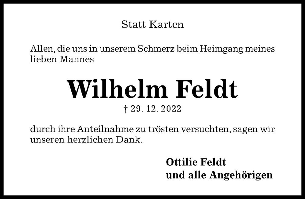  Traueranzeige für Wilhelm Feldt vom 25.01.2023 aus Hildesheimer Allgemeine Zeitung