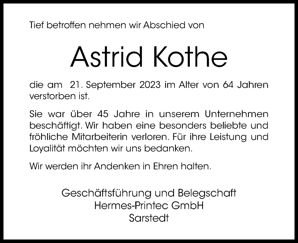  Traueranzeige für Astrid Kothe vom 04.10.2023 aus Hildesheimer Allgemeine Zeitung