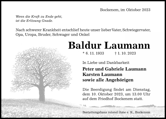 Traueranzeige von Baldur Laumann von Hildesheimer Allgemeine Zeitung